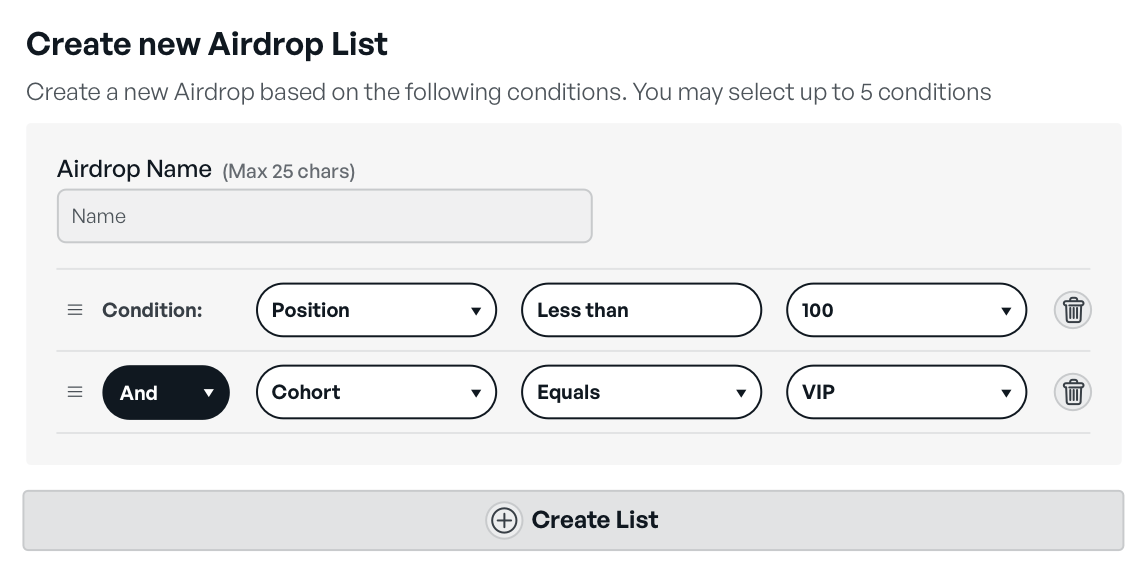 Airdrop List creation user interface